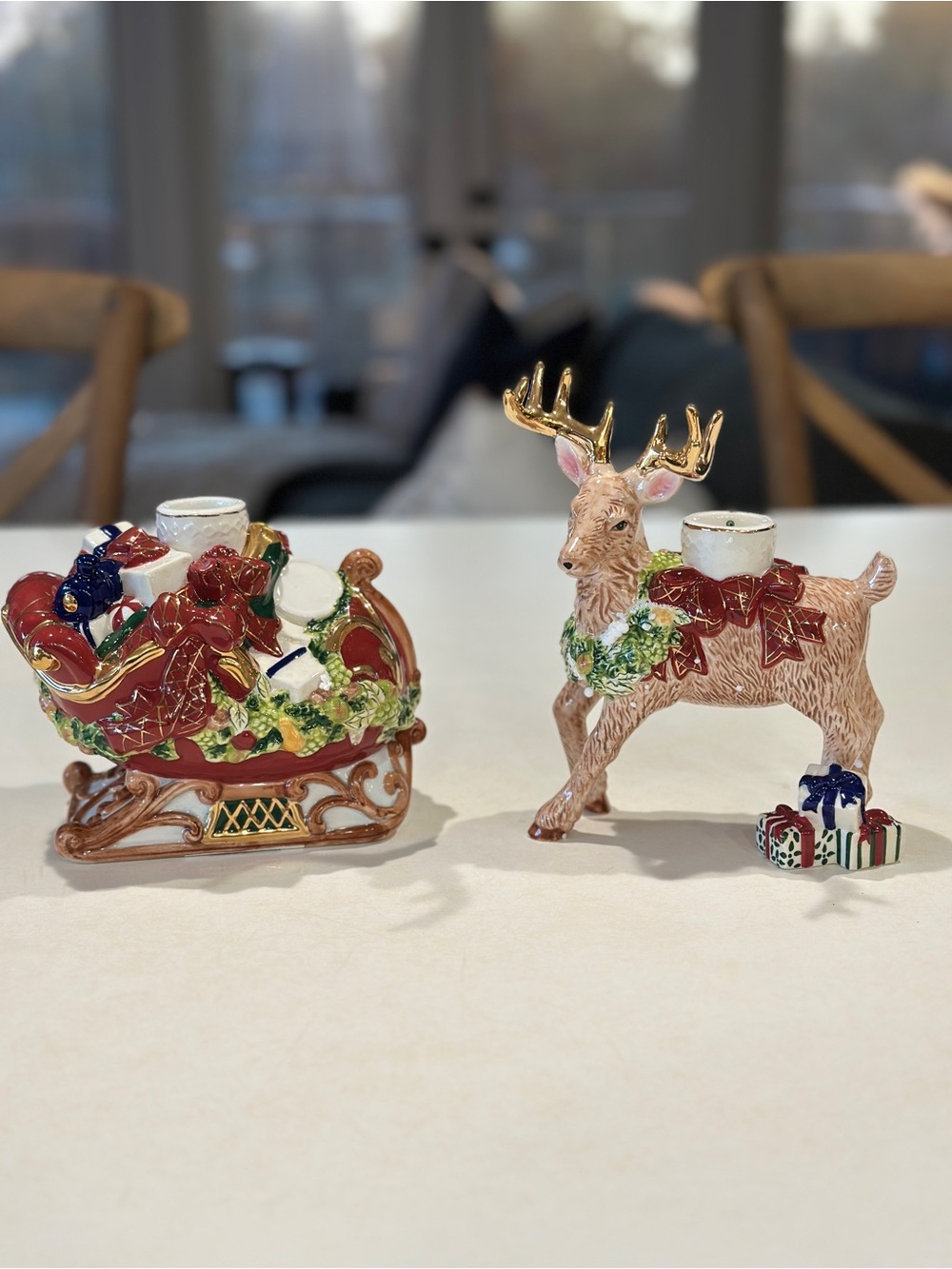 Waterford Holiday Heirloom Red, Gold & Green Reindeer Candle Holders